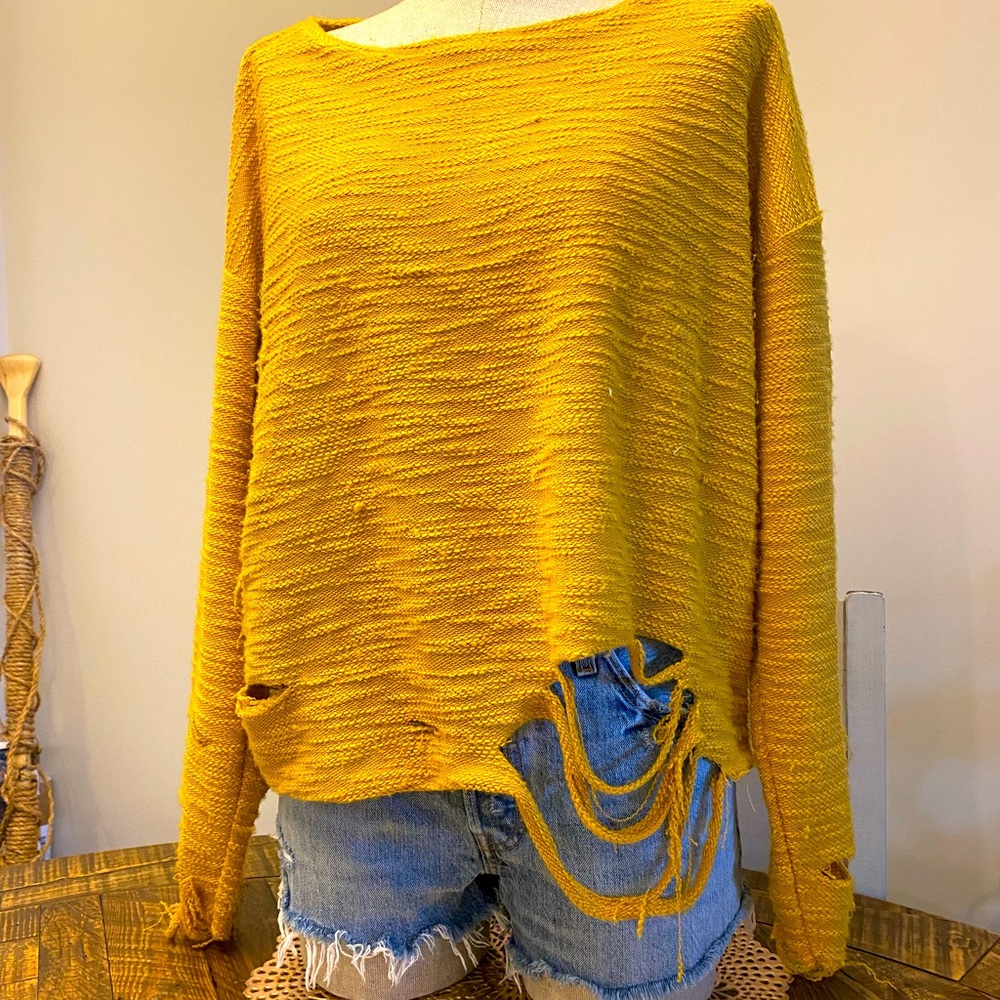 Gilded Intent Shredded Distressed Mustard Sweater